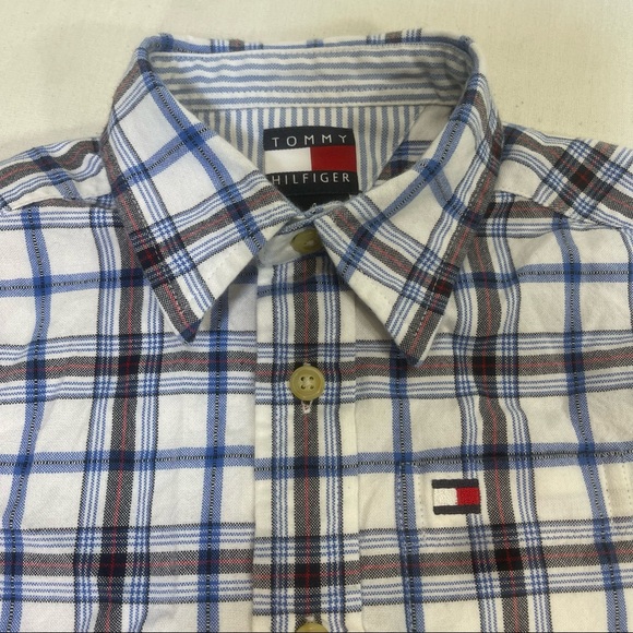 Tommy Hilfiger Boys Plaid shortsleeve button Down Shirt Blue/White sz: 4 - Picture 2 of 6